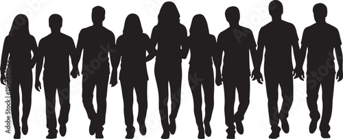 Group of people walking together in silhouette style illustration