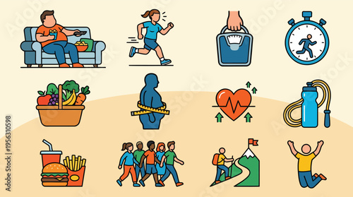 Set of fitness and health icons showing lifestyle activities