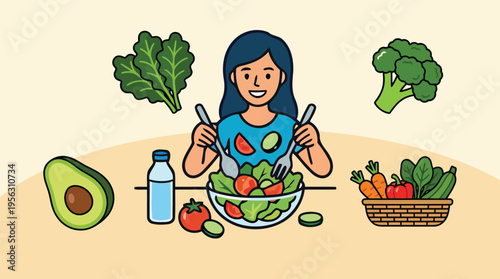 Woman eating fresh salad promoting clean eating lifestyle