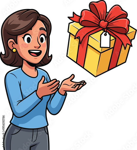 Woman Presenting a Gift Box with Red Ribbon