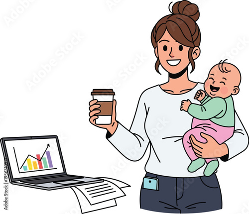 Mompreneur Holding Coffee and Baby with Laptop and Charts