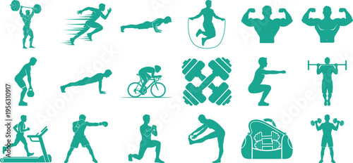 Collection of fitness and workout icons showing various exercises and sports activities