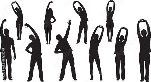 Silhouettes of people stretching and exercising in various poses