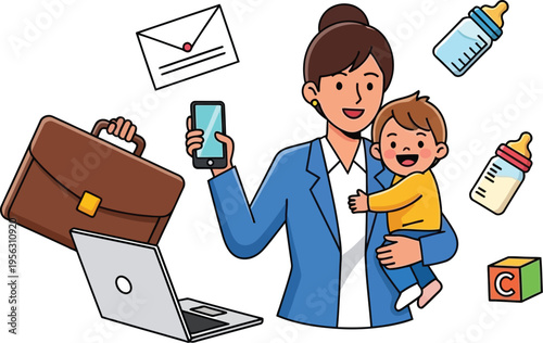 Busy Mother Juggling Work and Childcare Responsibilities