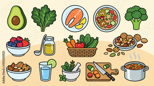 Collection of healthy foods including fruits vegetables grains and protein