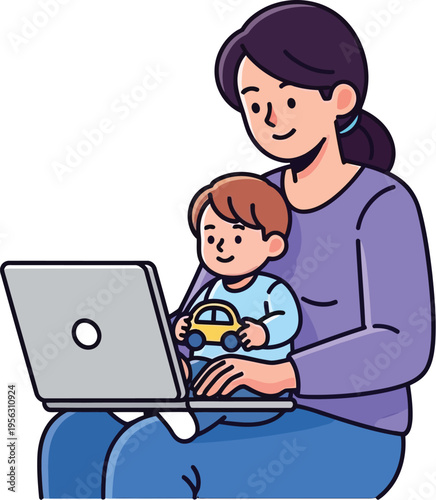 Busy mother balancing work and childcare at home