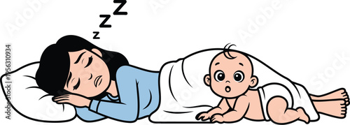 Mom's quiet sleep contrasts with a baby's curious, wide-eyed wakefulness