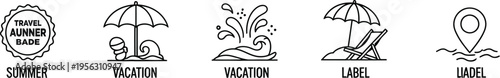 set of summer vacation icons including travel badge beach umbrella splashing water and location pin