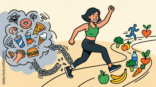 Woman running away from unhealthy food towards healthy lifestyle choice