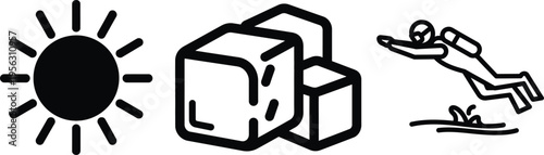 set of summer related icons including sun ice cubes and diver in water