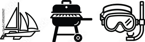 Summer vacation icons collection sailboat grill snorkeling mask beach chair drink umbrella