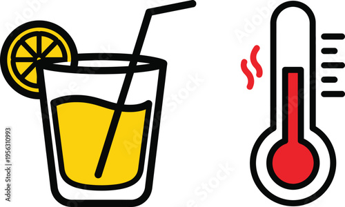Refreshing summer drinks and high temperature thermometer symbol for hot weather