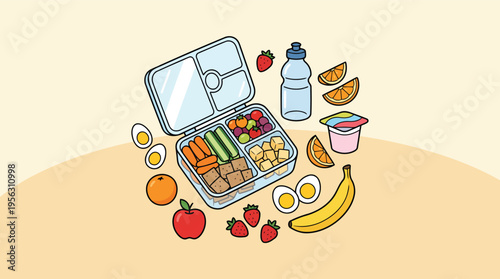 Healthy lunchbox with fruits vegetables and balanced meal portions