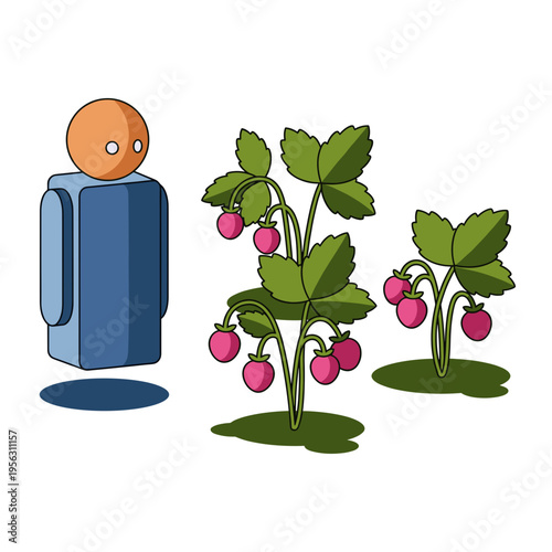 Gardening robot observing strawberries in a garden with vivid colors