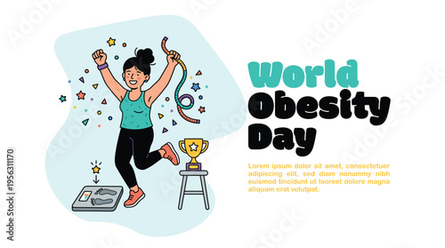 Woman celebrating weight loss with world obesity day message