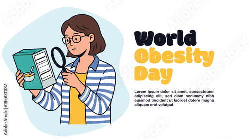 Woman reading nutrition facts next to world obesity day text