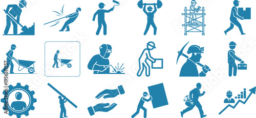 Collection of construction and industry icons showing various jobs and tasks