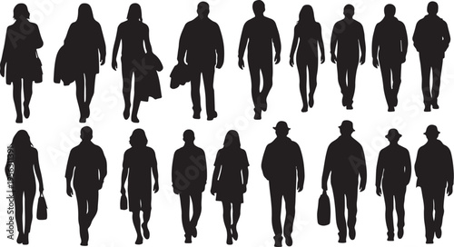 Silhouettes of people walking in various business attire styles