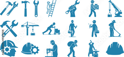 Collection of construction and industry icons with workers and tools illustration