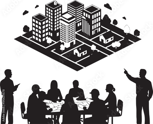 Strategic urban development concept meeting with architects and planners, focusing on city growth, infrastructure planning, and architectural design