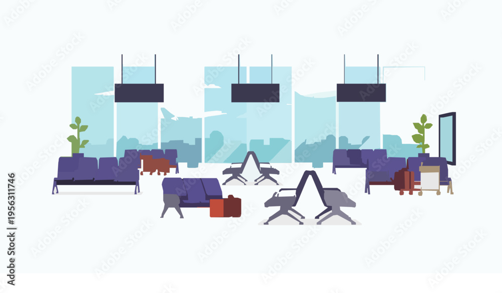 Naklejka premium Empty airport terminal waiting lounge with airplanes flat vector illustration