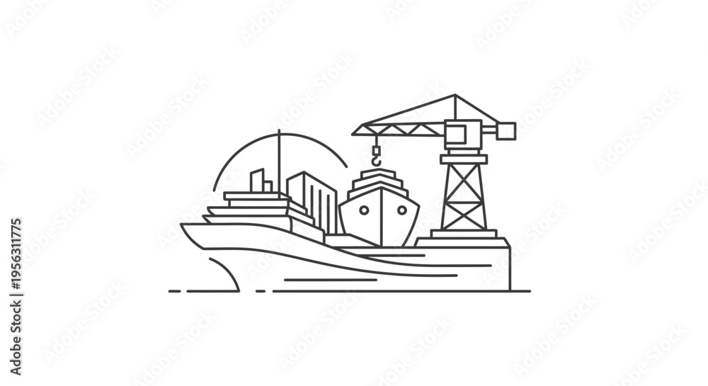 Naklejka premium Cargo Ship with Crane Illustration Outline.