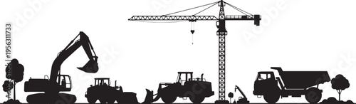 Silhouettes of heavy construction machinery crane, excavator, bulldozers, and dump truck. Essential industrial equipment for building, infrastructure, and progress