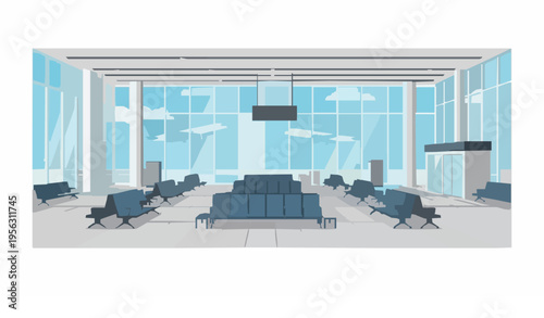 Airport departure hall interior with seating and airplanes vector illustration