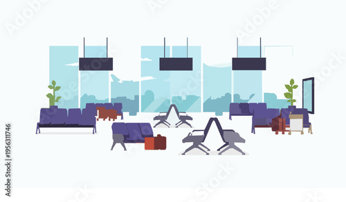 Empty airport terminal waiting lounge with airplanes flat vector illustration