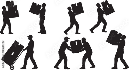 Silhouettes of people moving boxes in various poses and actions