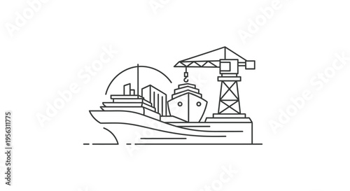 Cargo Ship with Crane Illustration Outline.