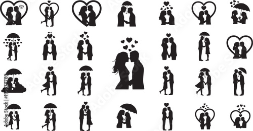 Elegant Vector Silhouettes Depicting Loving Couples and Romantic Gestures, Perfect for Relationship-Themed Designs