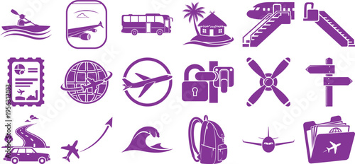 Colorful travel and transportation icons set isolated on transparent background