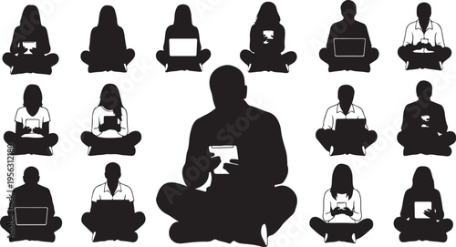 Silhouettes of people working on laptops in various positions