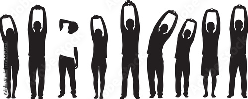 Silhouettes of people with arms raised in various poses
