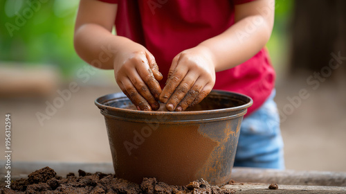 Child patting a bucket of mud with both hands, messy sensory play and tactile exploration concept, outdoor childhood lifestyle, defocused background, with copy space
