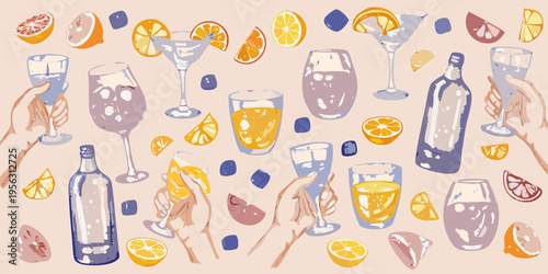 Festive illustration of cocktails citrus fruits and hands toasting drinks