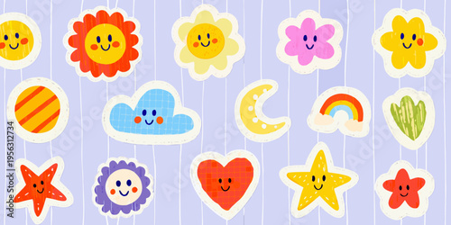 Colorful hand drawn shapes and celestial objects hang on a lilac background