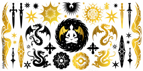 A collection of fantasy weaponry dragons and mystical symbols in gold and black