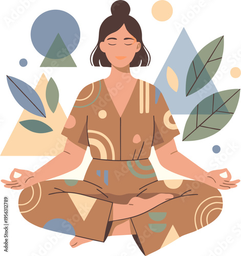A serene woman meditates peacefully in a natural setting surrounded by leaves and geometric shapes in p37.eps