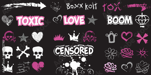 A chaotic collection of pink and white graffiti style words and symbols