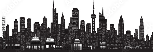 Captivating detailed silhouette of an extensive modern city skyline, illustrating the robust energy and architectural diversity of an expanding urban metropolis