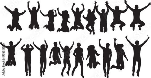 Silhouettes of people jumping with joy and celebration together