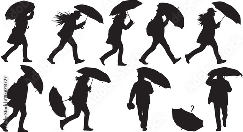 Silhouettes of people walking with umbrellas in various poses