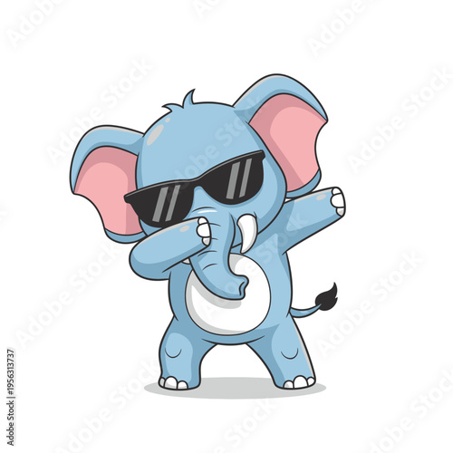 Cute blue elephant wearing sunglasses doing the dab dance move, funny cartoon character