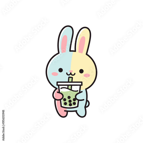 Cute Kawaii Bunny Drinking Boba Tea, Pastel Colors, Adorable Cartoon Character