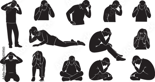 Silhouettes of people in various stressed poses and emotions