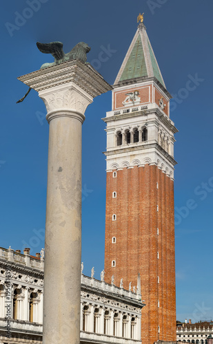 Winged lion column and bell tower in Venice