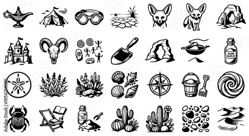 Desert & Beach Elements: 25 Bold Sand-Themed Icons, Minimalist Arid Landscape & Coastal Vector Collection, Black & White Sand, Dunes, and Desert Life Icon Set
