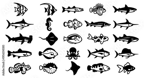 Minimalist Marine Life: 25 Bold Vector Fish Icons, Black & White Aquatic Species Silhouette Collection, Professional Fish & Sea Creature Vector Icon Set